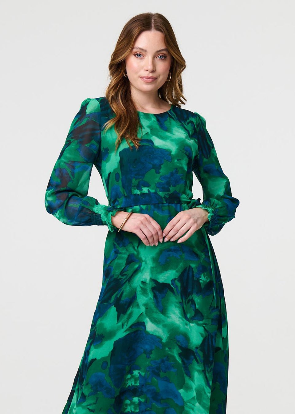 Izabel London Green Printed Long Sleeve Chiffon Midi Dress