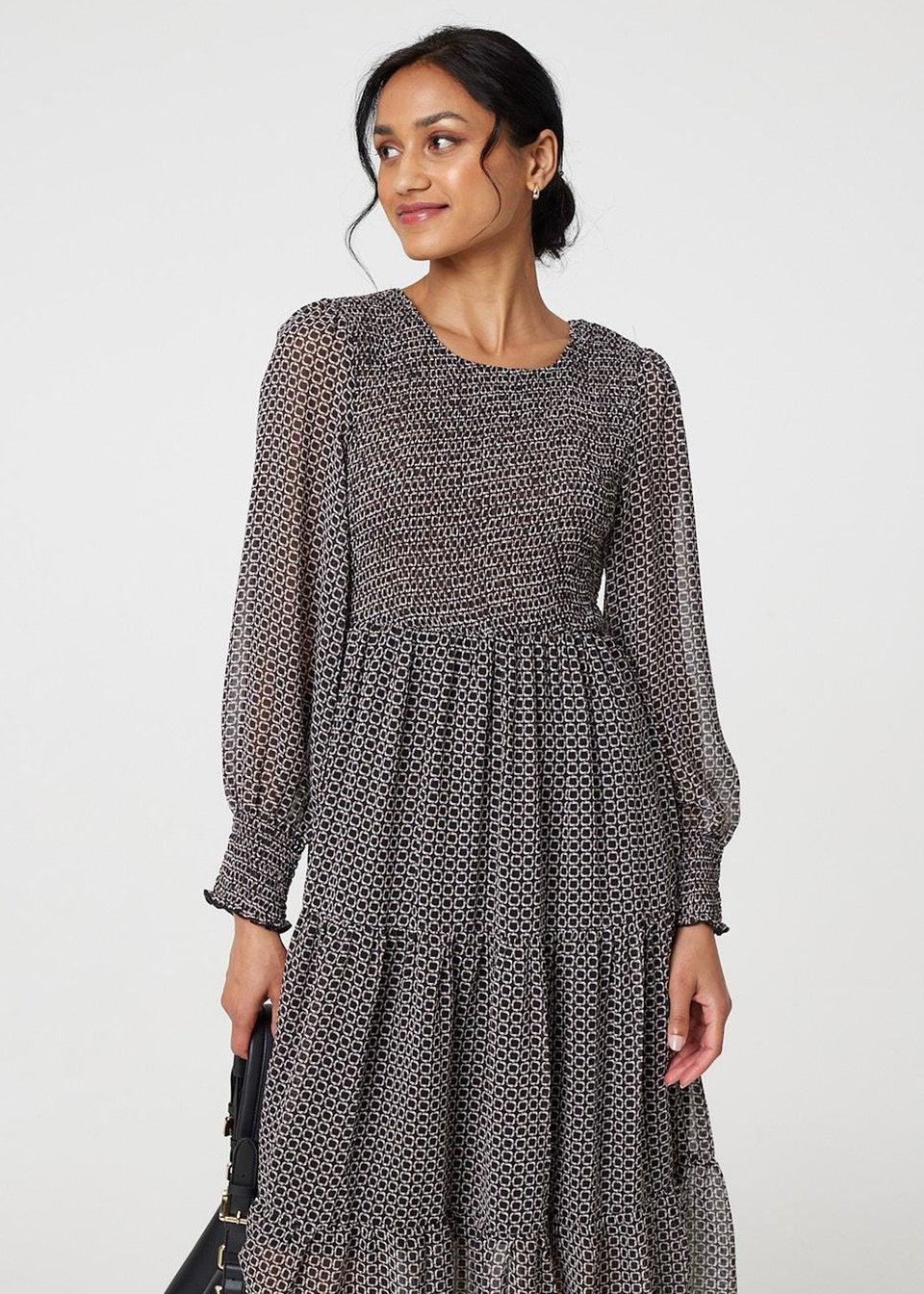 Izabel London Black Printed Smocked Bodice Tiered Midi Dress