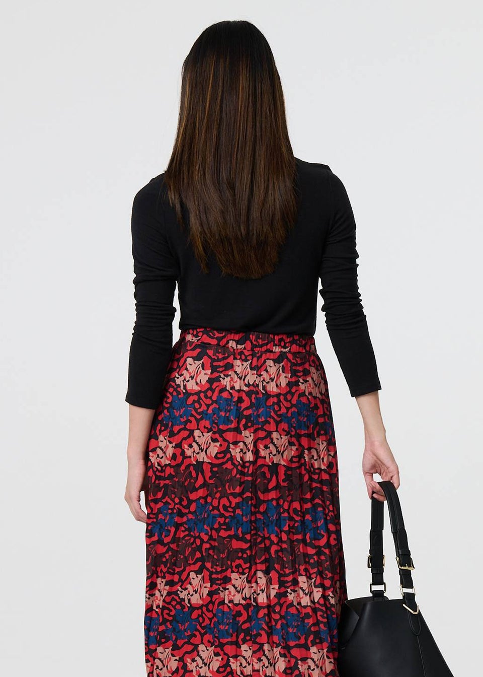 Izabel London Red Printed Box Pleat Hanky Hem Midi Skirt