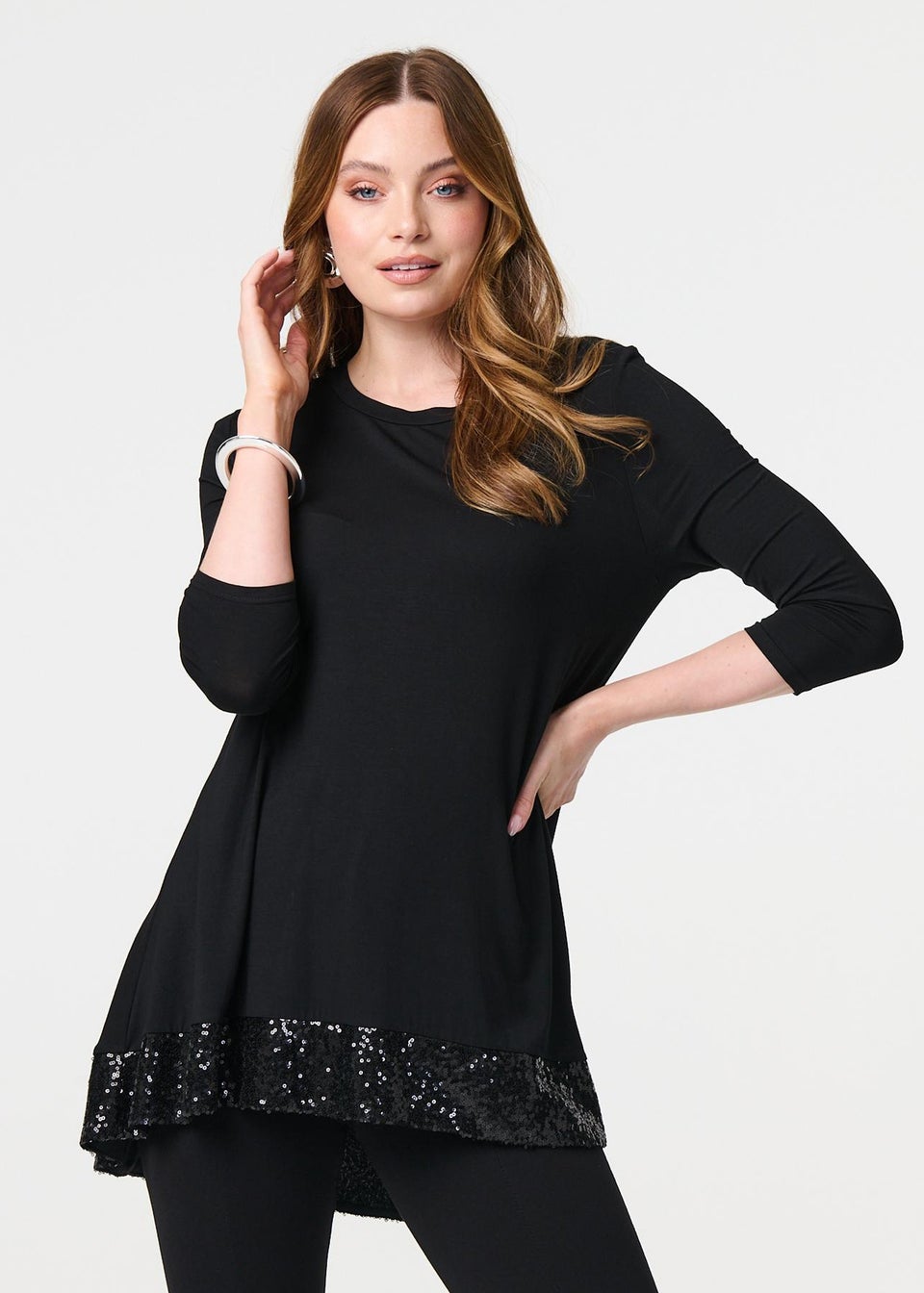 Izabel London Black Sequin Trim Longline Jersey T-Shirt