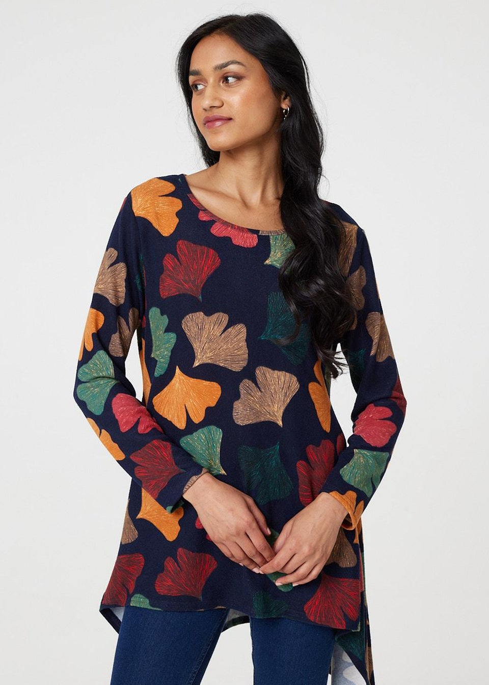 Izabel London Navy Leaf Print High Low Tunic Top Matalan