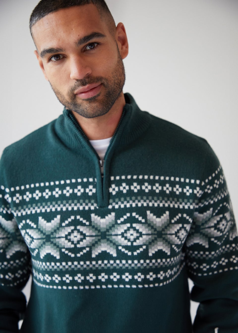 Threadbare Dark Green Quarter Zip Christmas Knitted Jumper