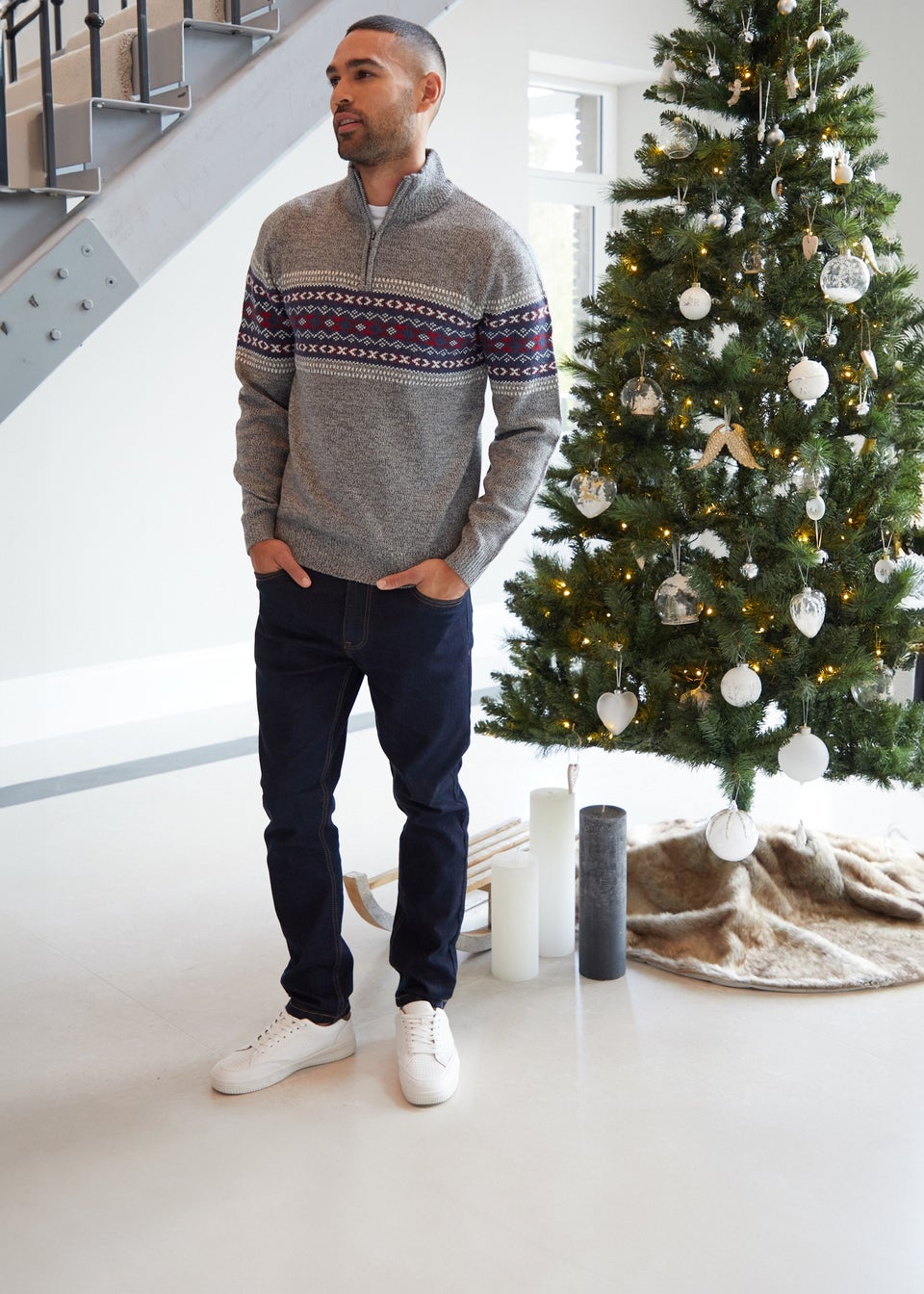 Threadbare Grey Quarter Zip Christmas Knitted Jumper
