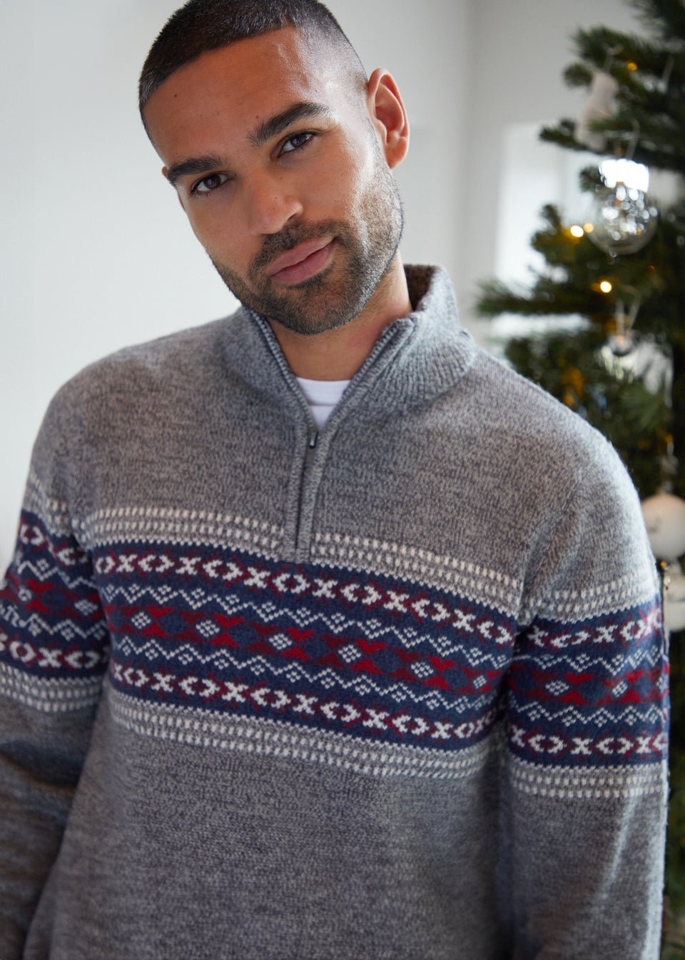 Threadbare Grey Quarter Zip Christmas Knitted Jumper