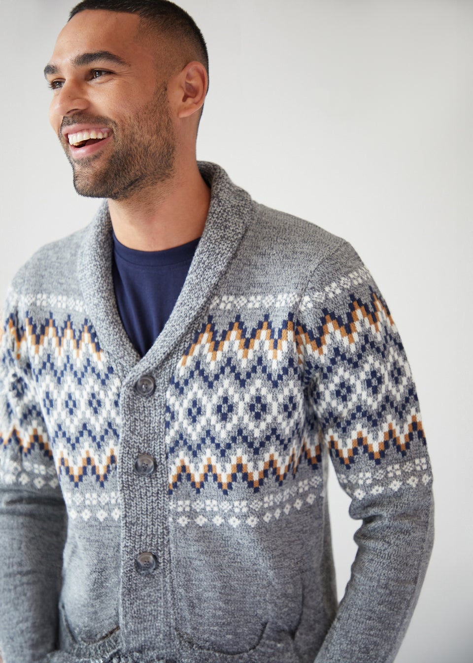 Threadbare Grey Fairisle Shawl Collar Knitted Cardigan