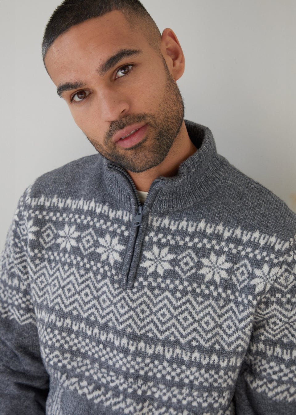 Threadbare Charcoal Fairisle Quarter Zip Christmas Jumper