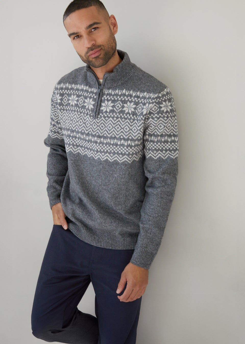 Threadbare Charcoal Fairisle Quarter Zip Christmas Jumper Matalan