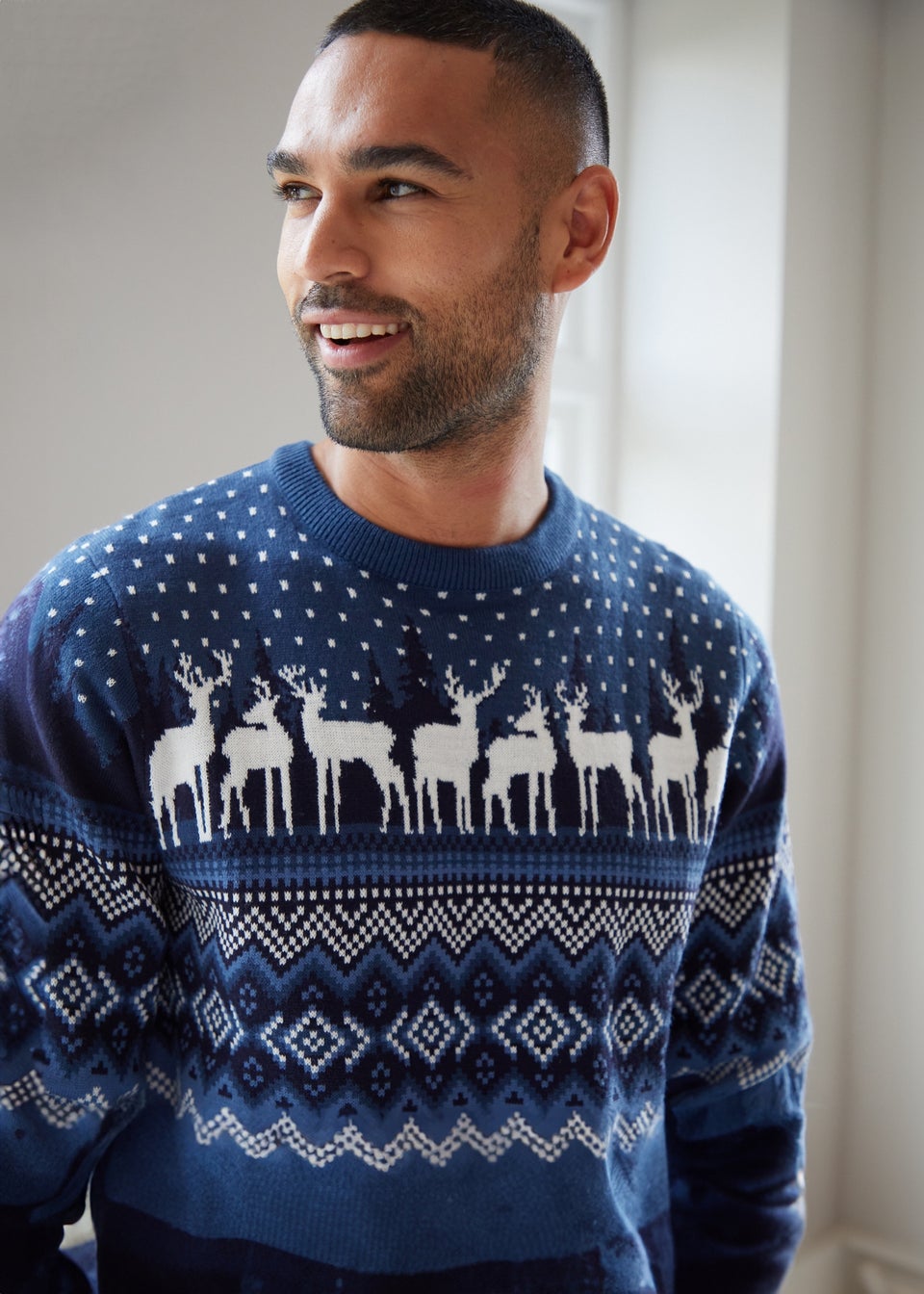 Threadbare Blue Cable Knit Fairisle Crew Neck Christmas Jumper
