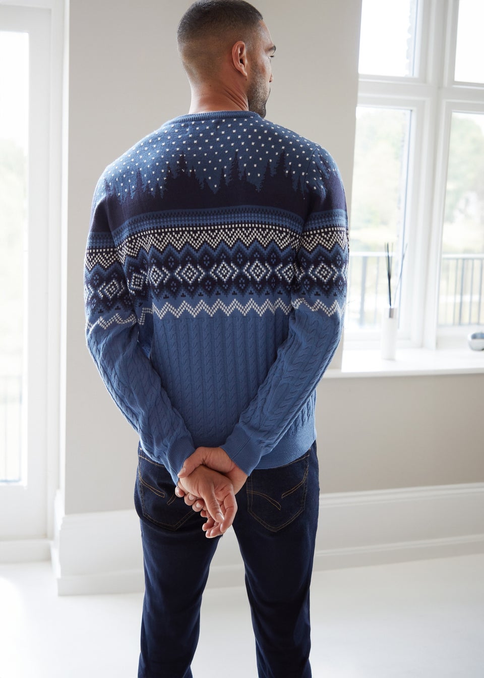 Threadbare Blue Cable Knit Fairisle Crew Neck Christmas Jumper