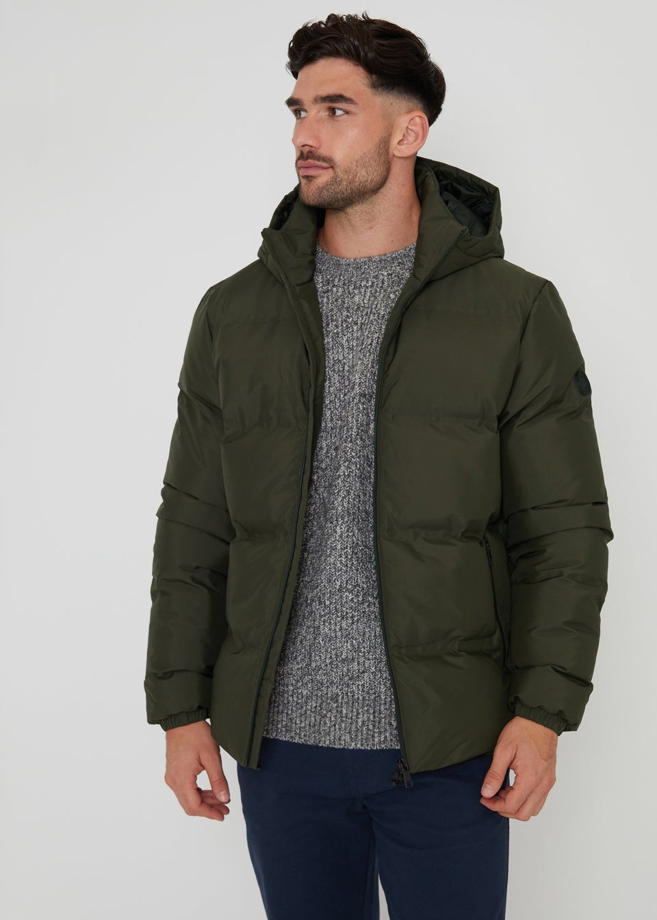 Brushed herringbone hooded puffer jacket clearance