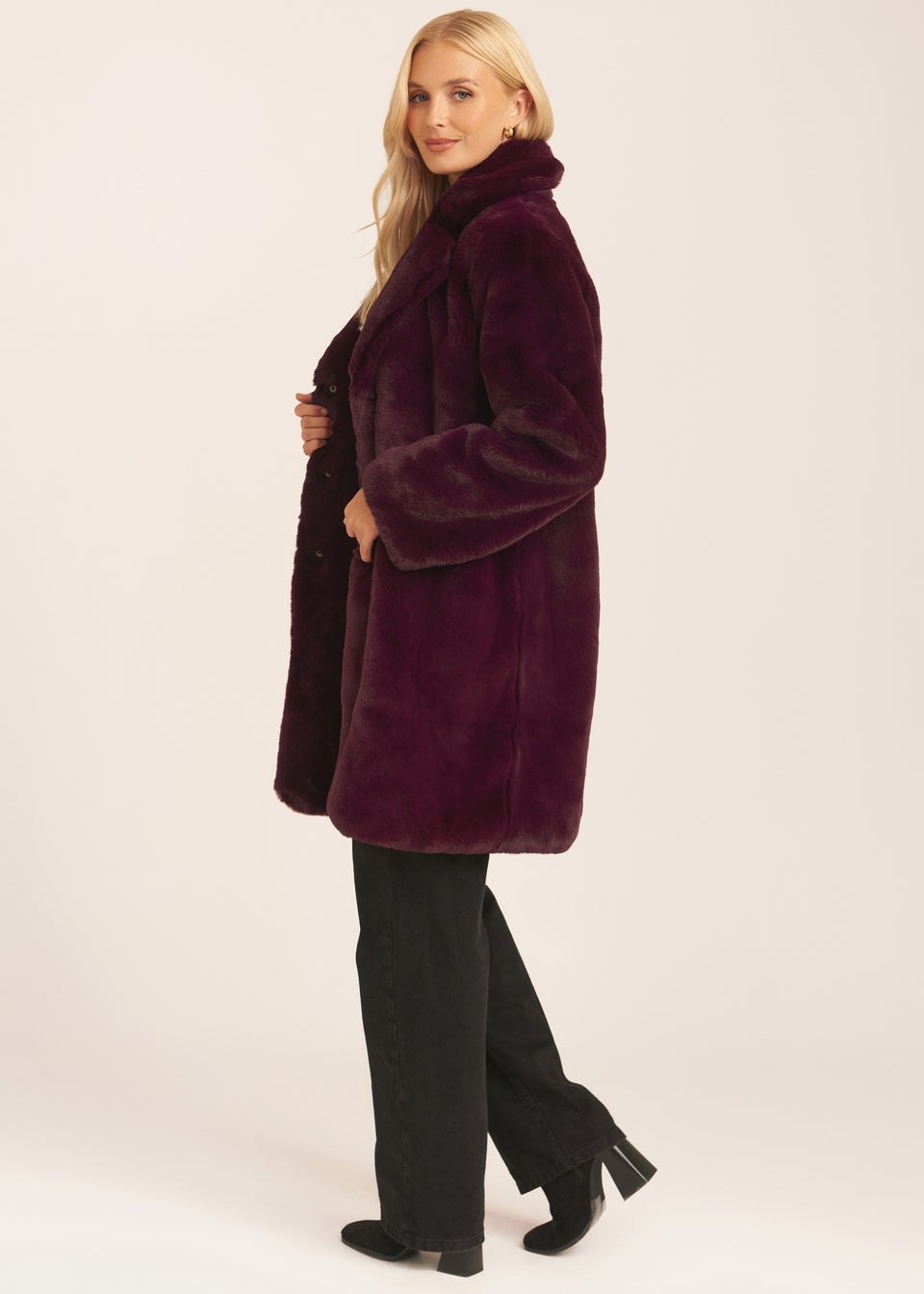 Gini London Plum Faux Fur Lapel Collar Coat