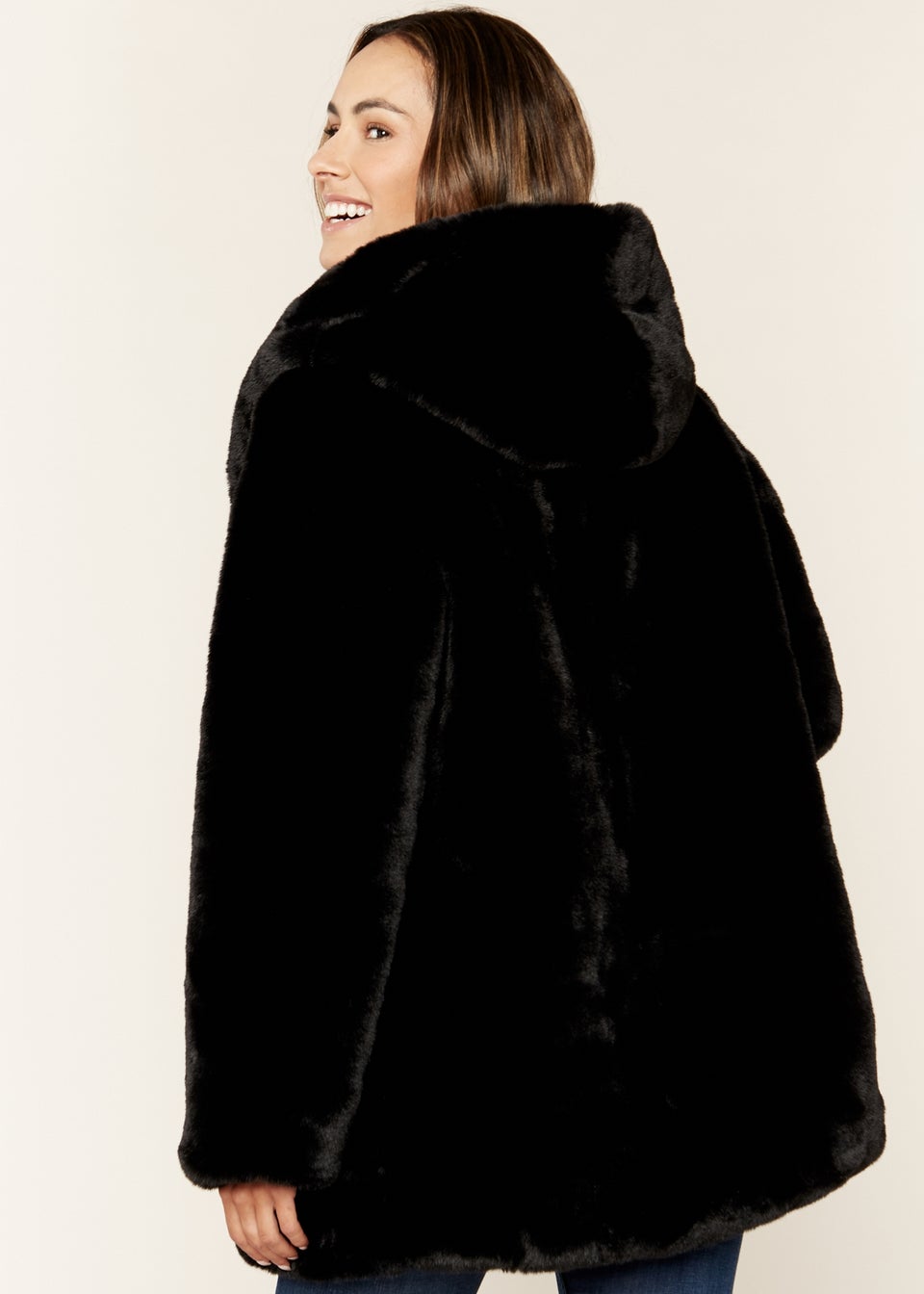 Gini London Black Hooded Long Sleeve Faux Fur Jacket