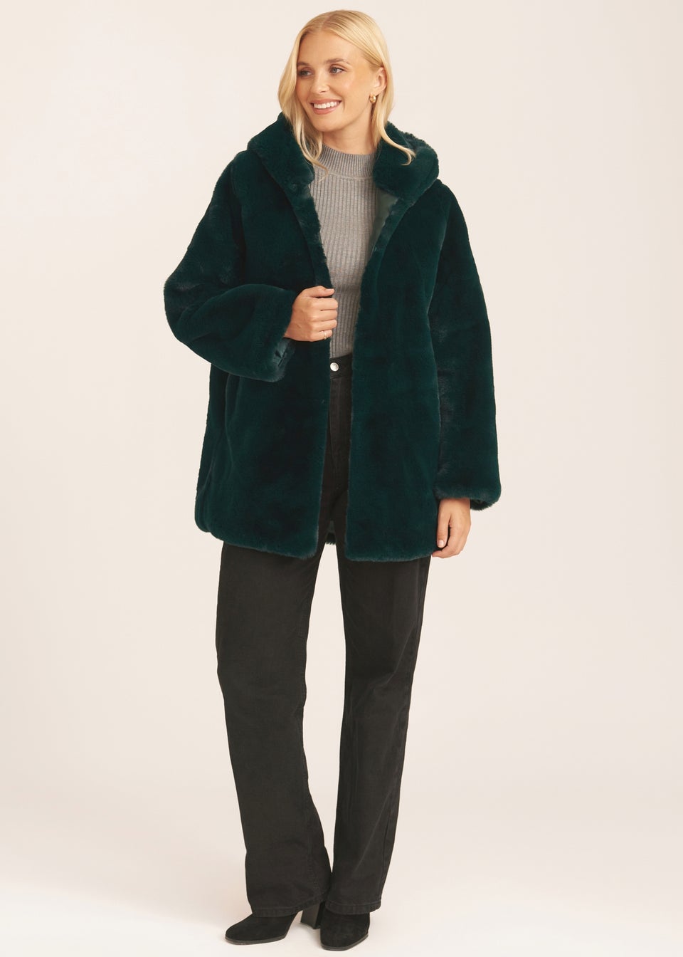 Gini London Emerald Green Hooded Long Sleeve Faux Fur Jacket