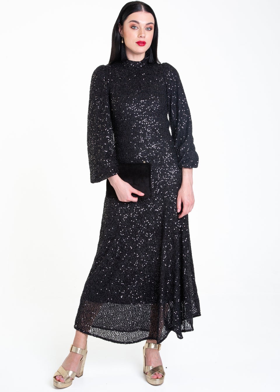 Gini London Black Sequin High Neck Occassion Midi Dress Matalan