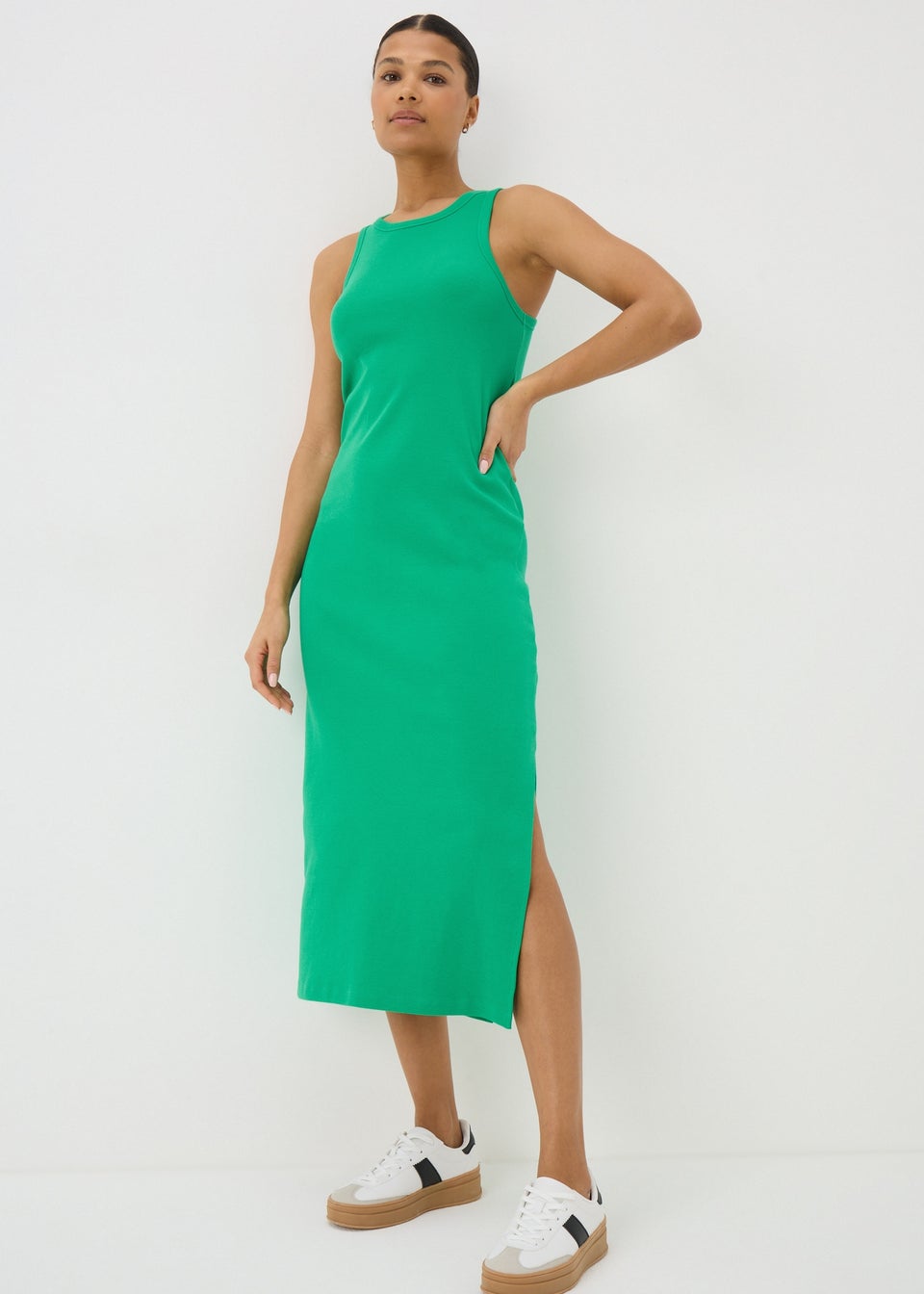 Green Racer Back Ribbed Midi Dress