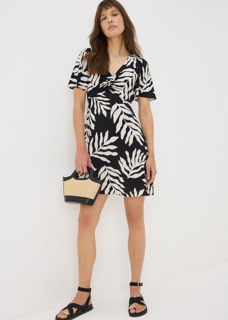 Black Monochrome Leaf Mini Tea Dress