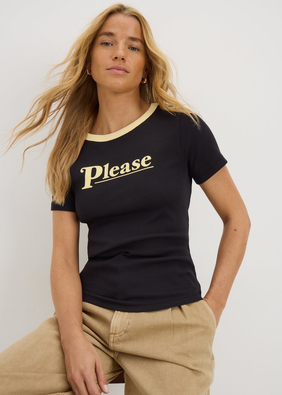 Black Please Ribbed T Shirt
