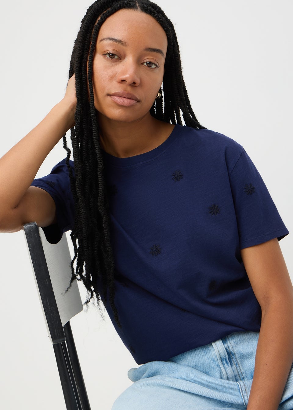 Navy Embroidered Floral T-Shirt