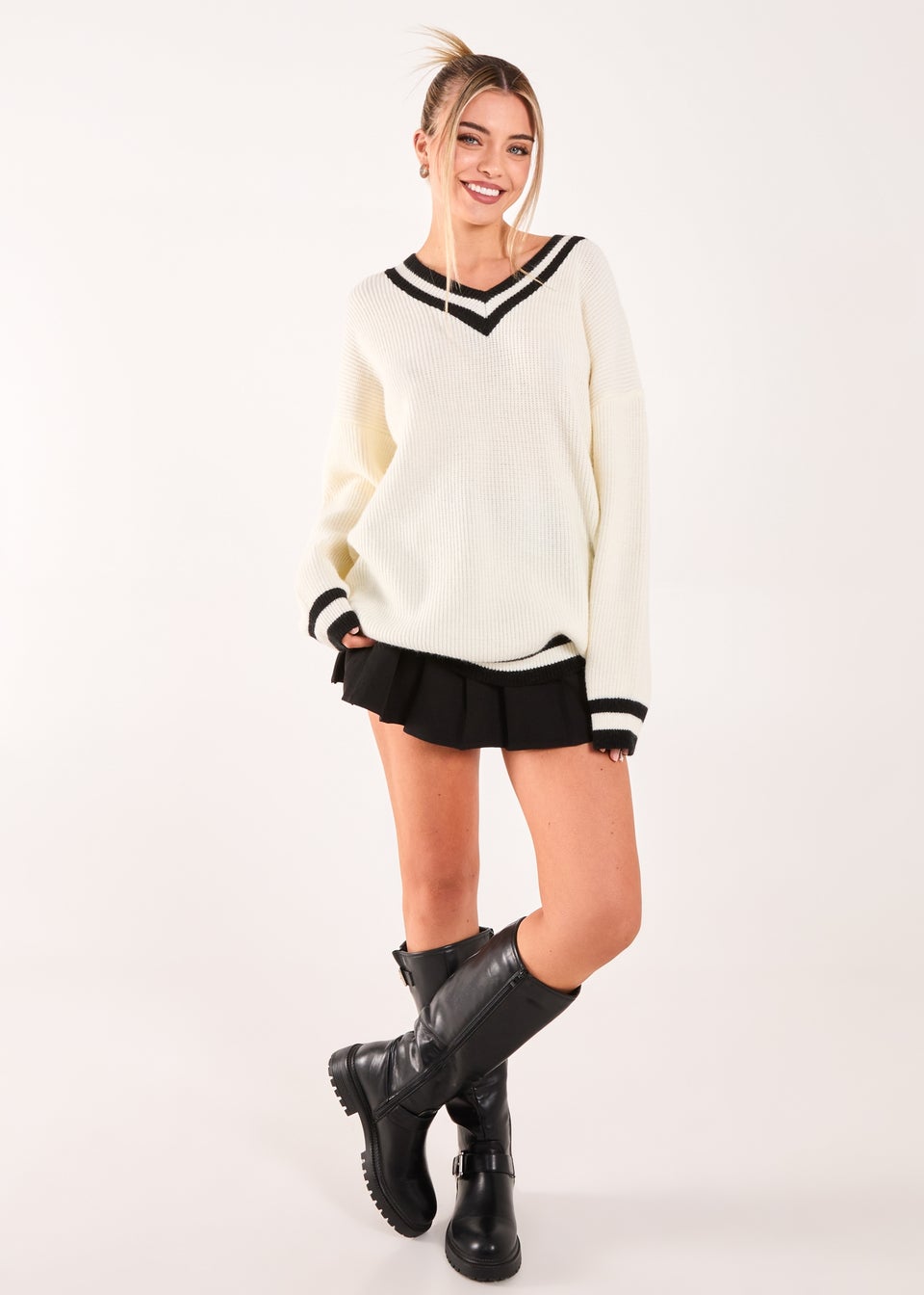 Pink Vanilla Ivory Varsity Knit Oversized Jumper