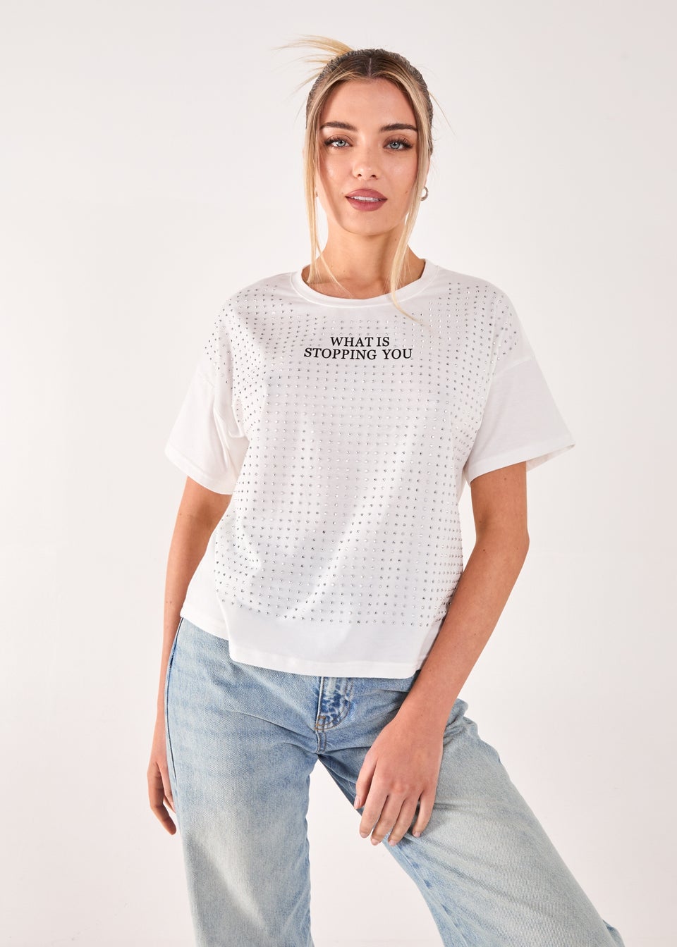 Pink Vanilla White Rhinestone Slogan Cropped T-shirt