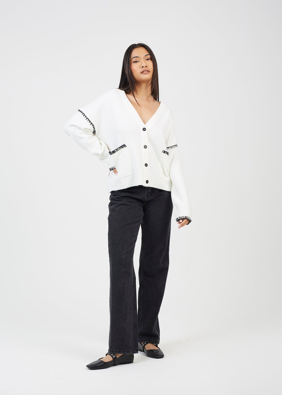 Brave Soul Ivory Contrast Stitch Button Through V-neck Cardigan