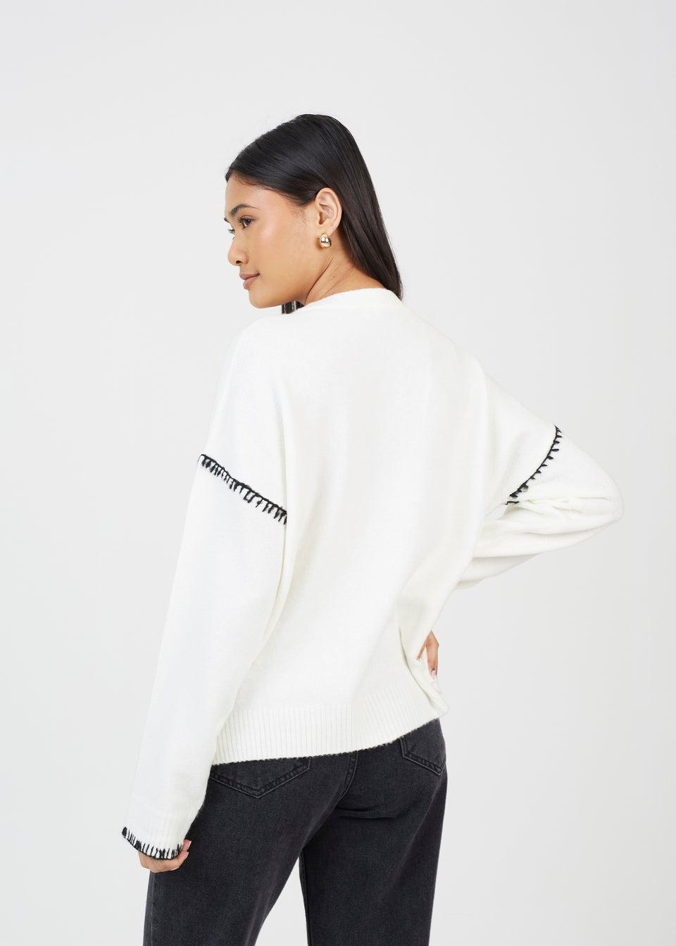 Brave Soul Ivory Contrast Stitch Button Through V-neck Cardigan
