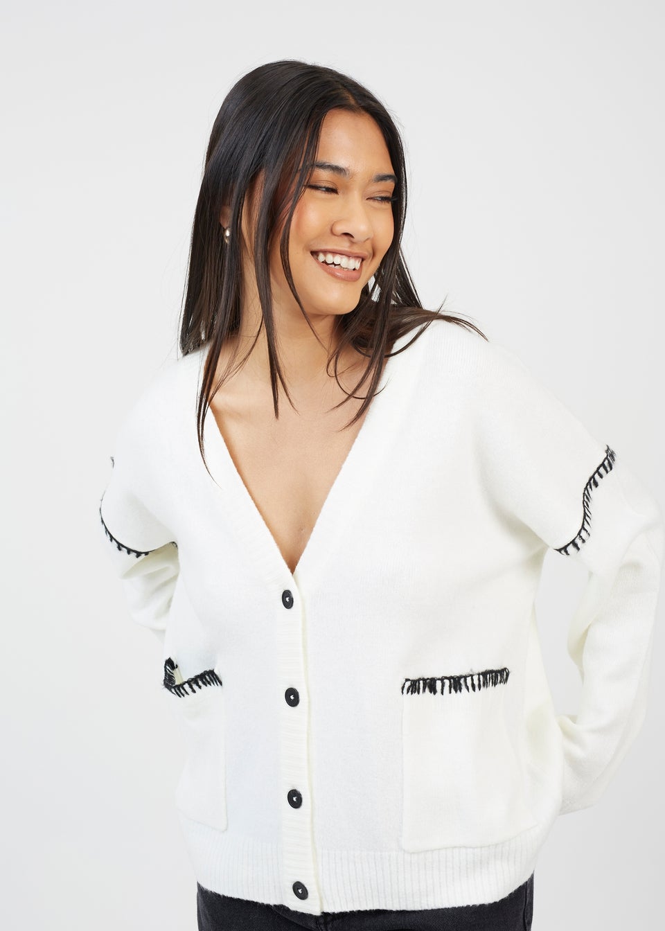 Brave Soul Ivory Contrast Stitch Button Through V-neck Cardigan