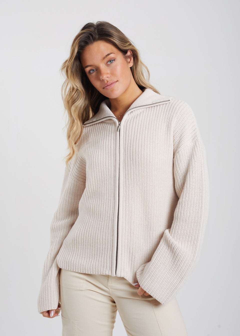 Brave Soul Stone Zip Through Fisherman Knit Jumper