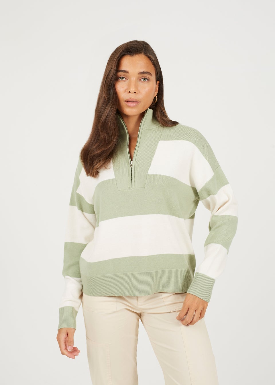 Brave Soul Soft Green Striped Half Zip Knitted Jumper