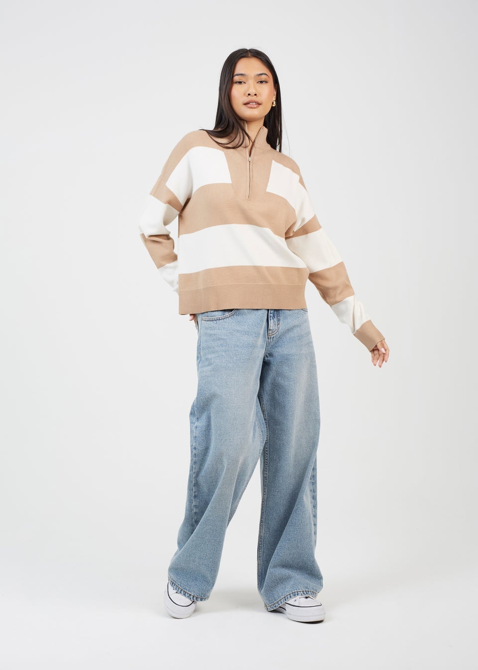 Brave Soul Camel Striped Half Zip Knitted Jumper