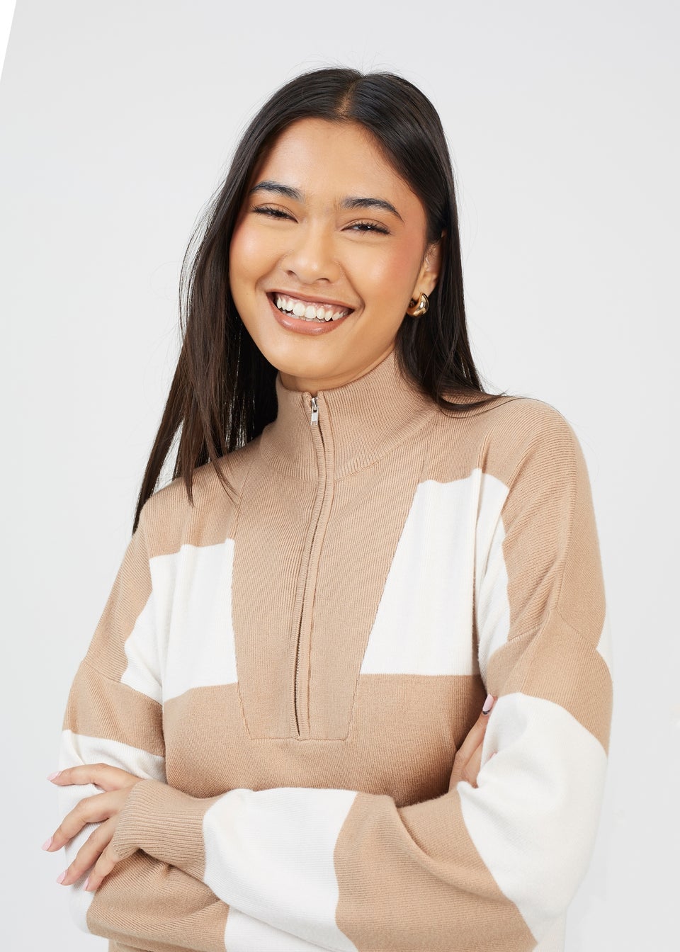 Brave Soul Camel Striped Half Zip Knitted Jumper