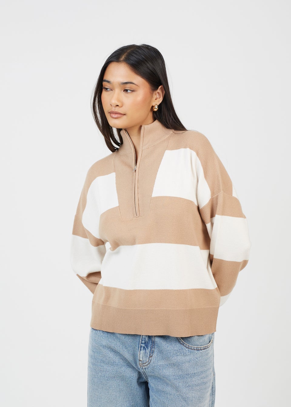 Brave Soul Camel Striped Half Zip Knitted Jumper