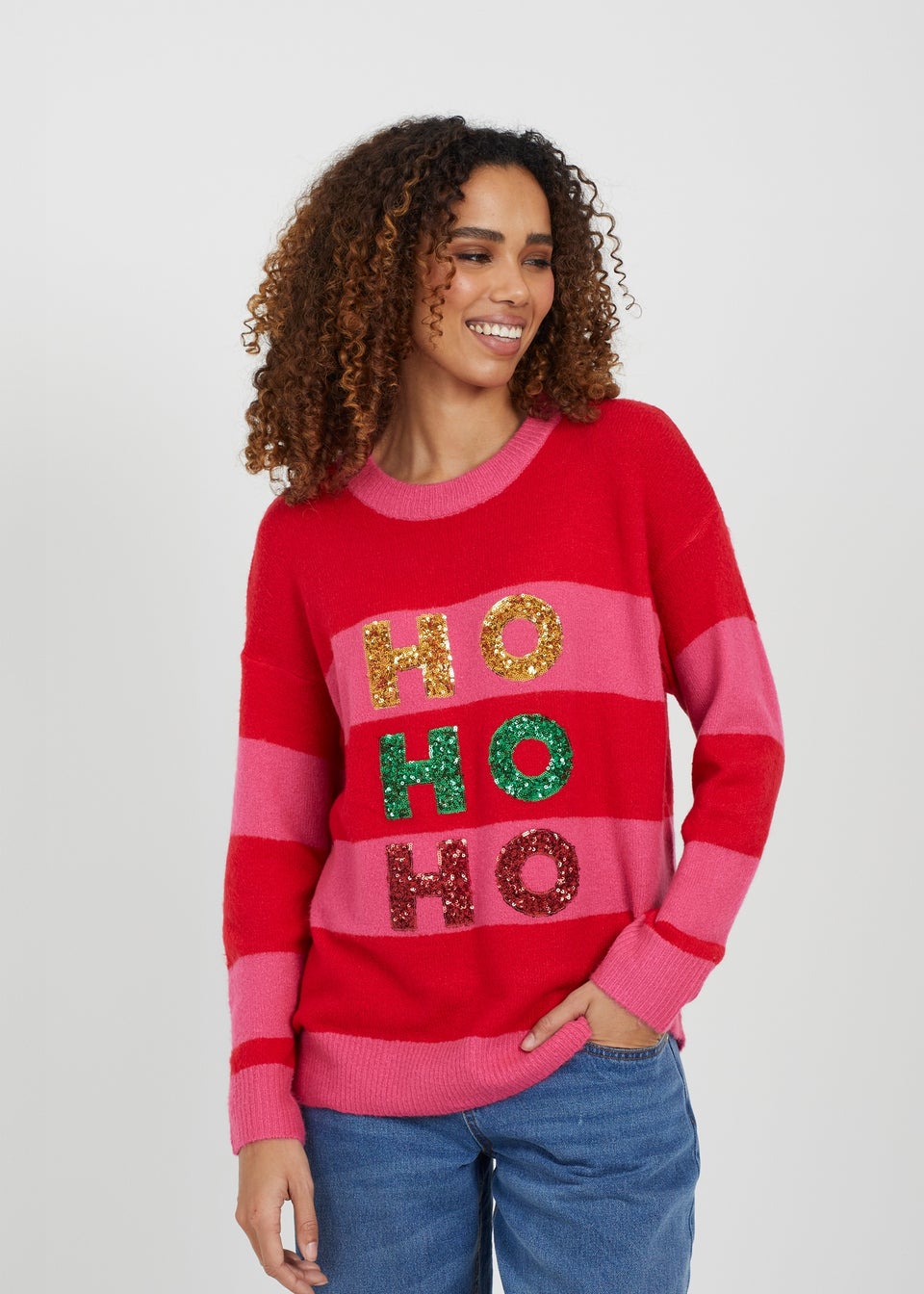 Brave Soul Red Sequin Slogan Christmas Jumper Matalan
