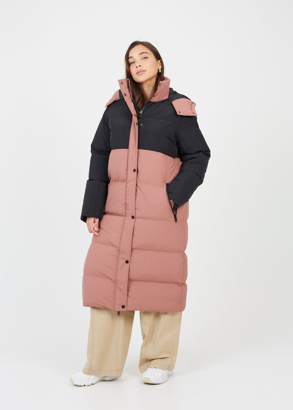 Black maxi contrast hooded puffer cheap
