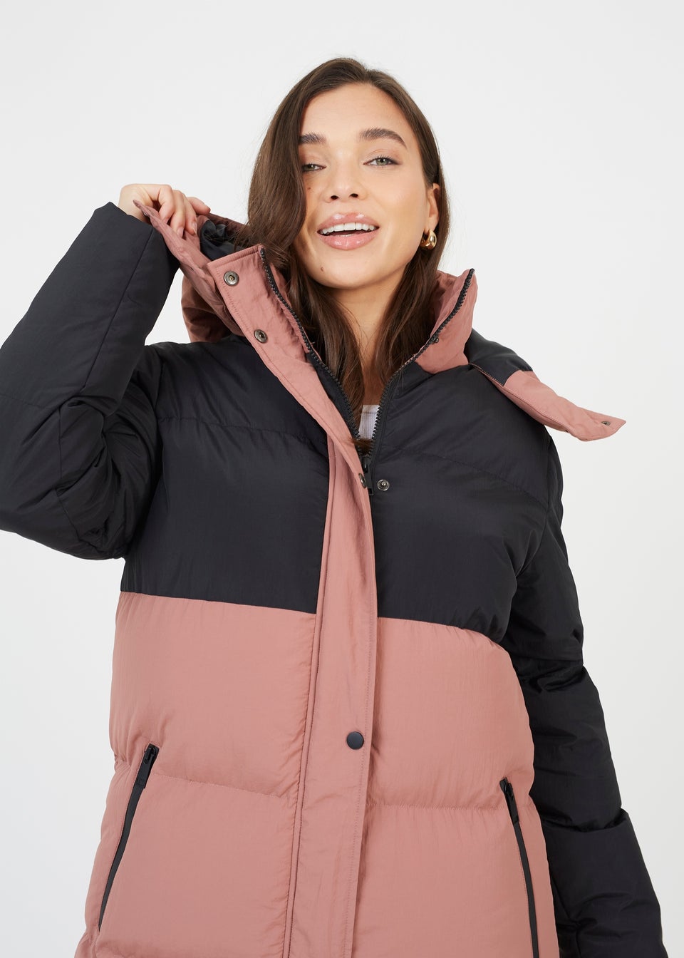 Brave Soul Dusty Pink Maxi Contrast Hooded Puffer Jacket