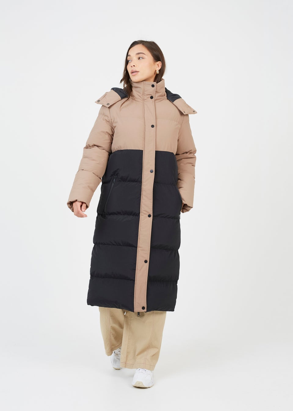 Brave Soul Tan Maxi Contrast Hooded Puffer Jacket Matalan
