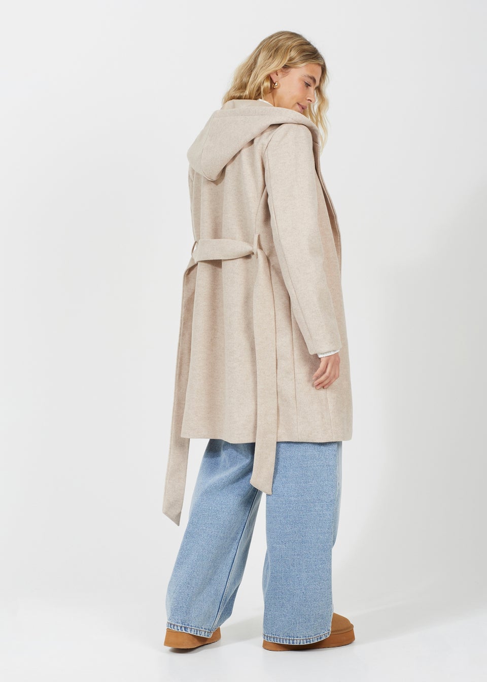 Brave Soul Beige Longline Hooded Coat with Belt