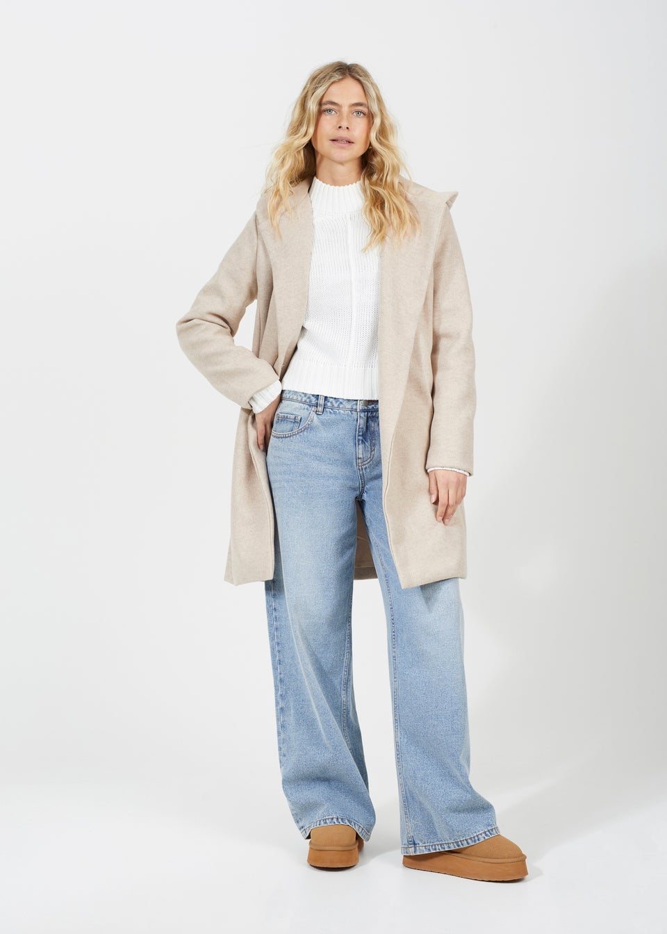 Brave Soul Beige Longline Hooded Coat with Belt