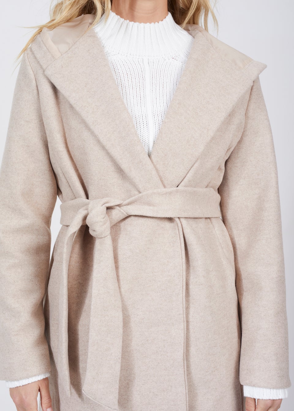 Brave Soul Beige Longline Hooded Coat with Belt