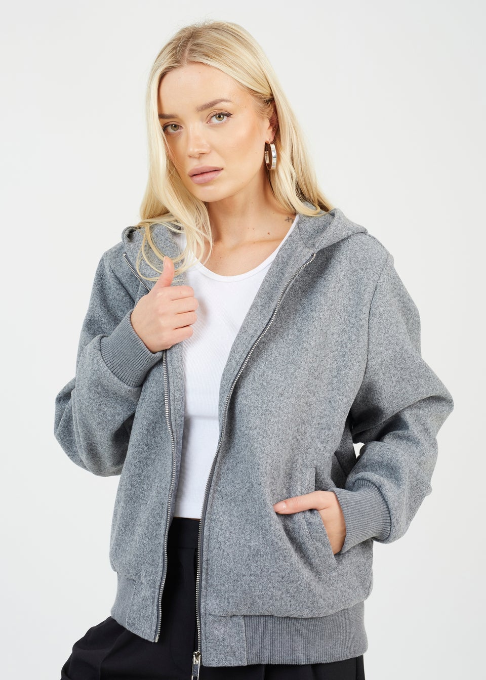 Brave Soul Grey Faux Wool Hooded Bomber Jacket Matalan