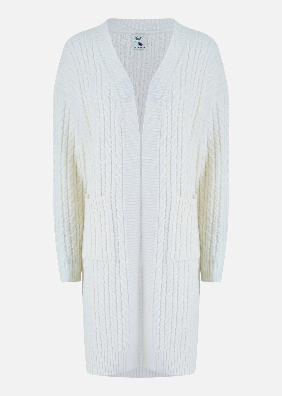 Yumi Ivory Cable Knit Edge to Edge Long Cardigan With Pockets