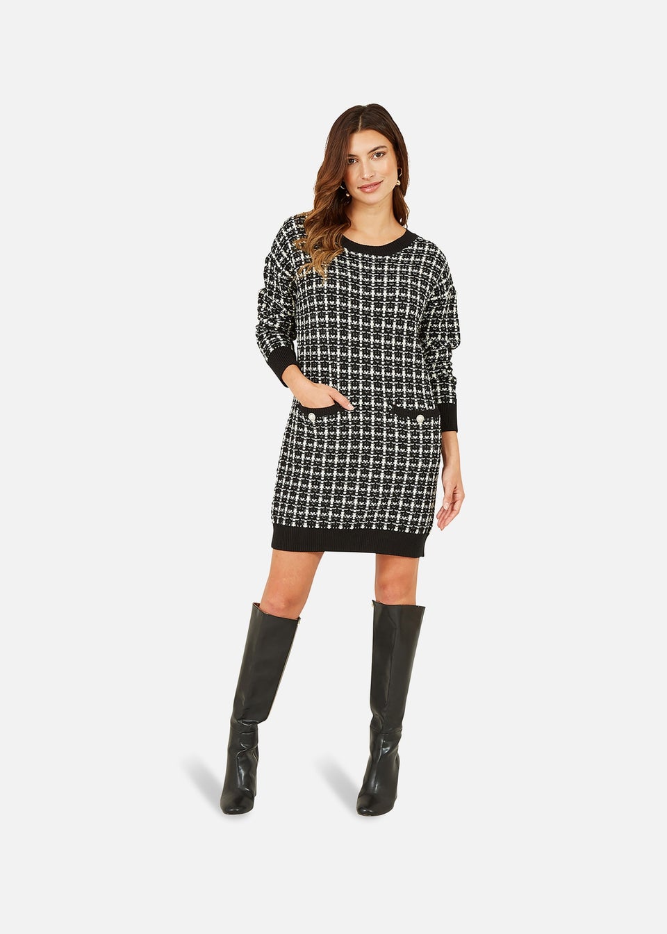 Yumi Black Checked Knitted Tunic Dress