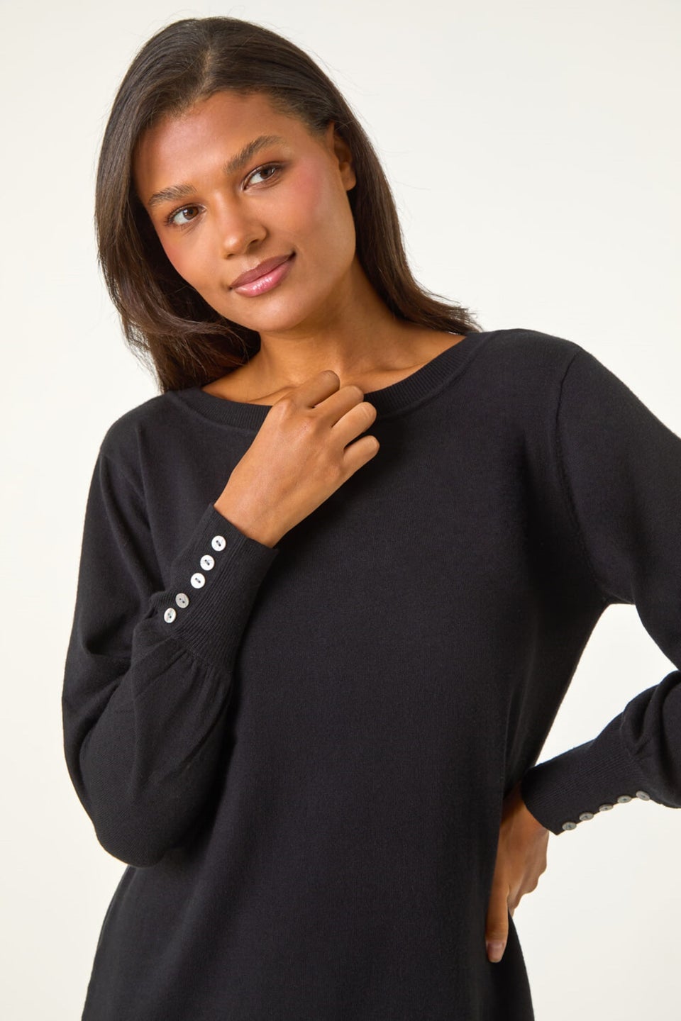 Roman Black Button Detail Slash Neck Knitted Stretch Dress