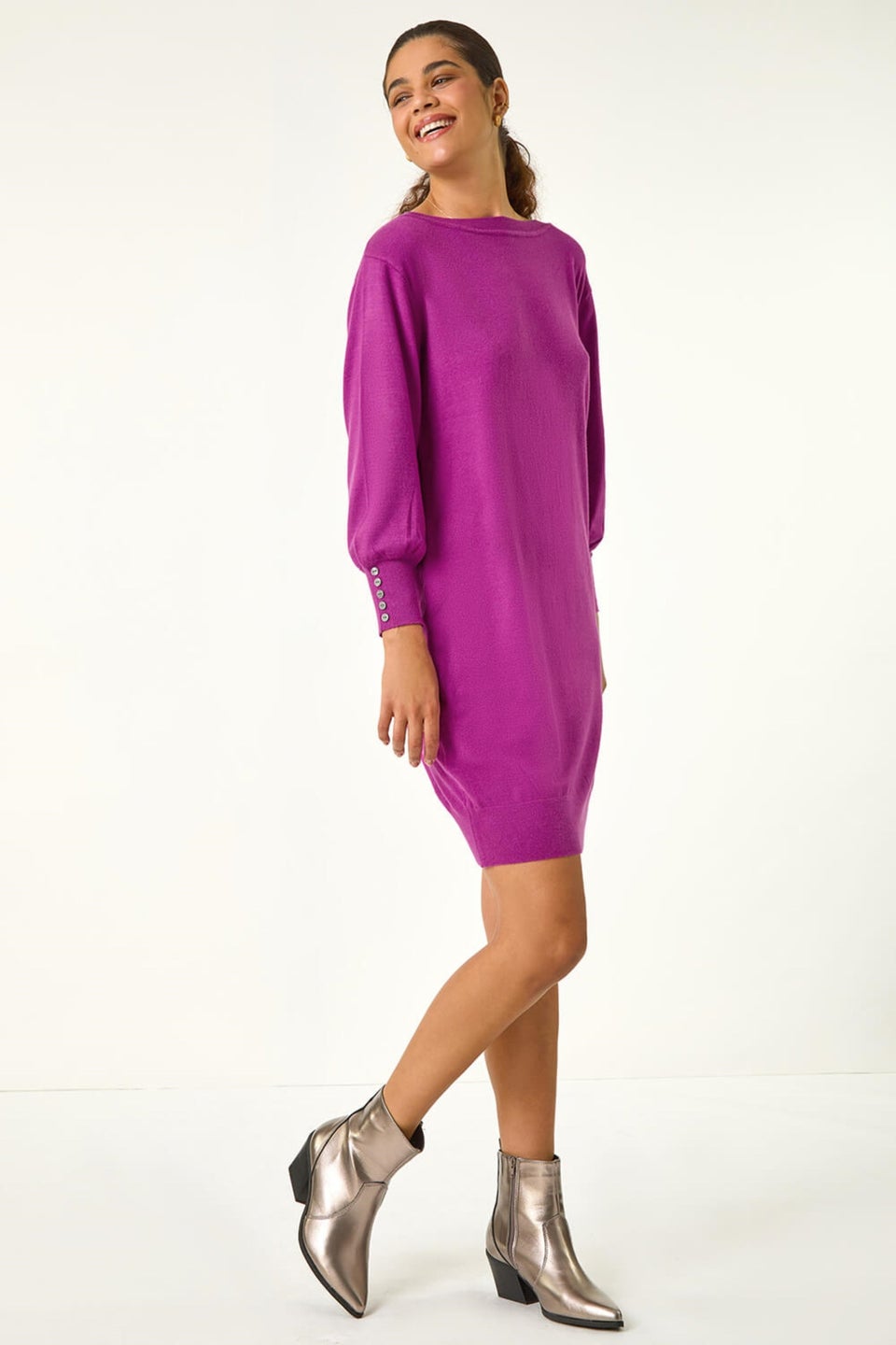 Roman Magenta Button Detail Slash Neck Knitted Stretch Dress