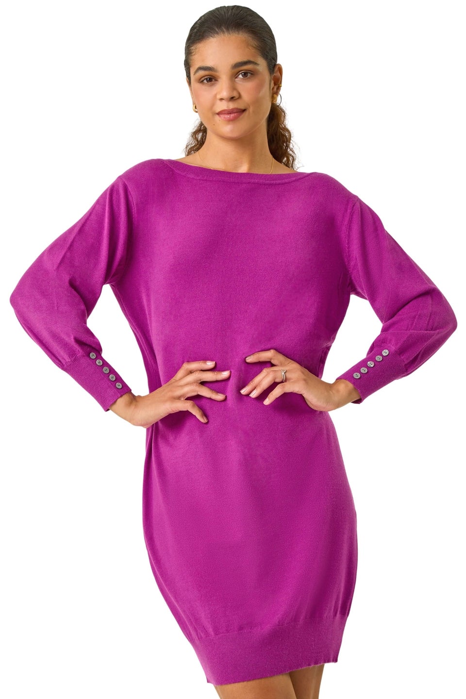 Roman Magenta Button Detail Slash Neck Knitted Stretch Dress