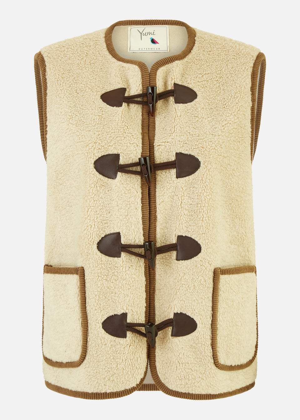 Yumi Cream Borg Gilet With Faux Leather Button Details