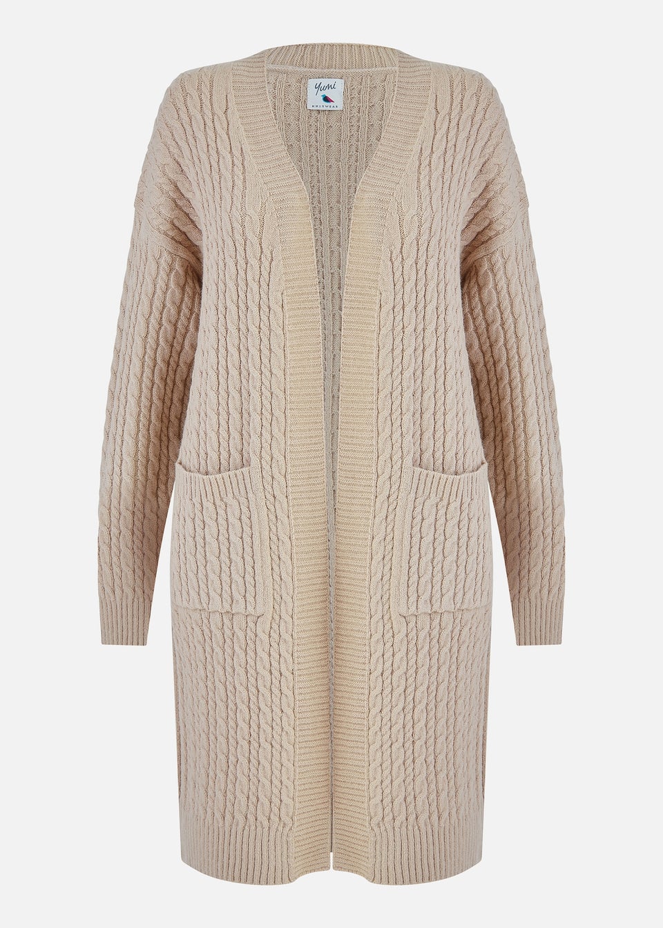 Yumi Beige Cable Knit Edge to Edge Long Cardigan With Pockets Matalan