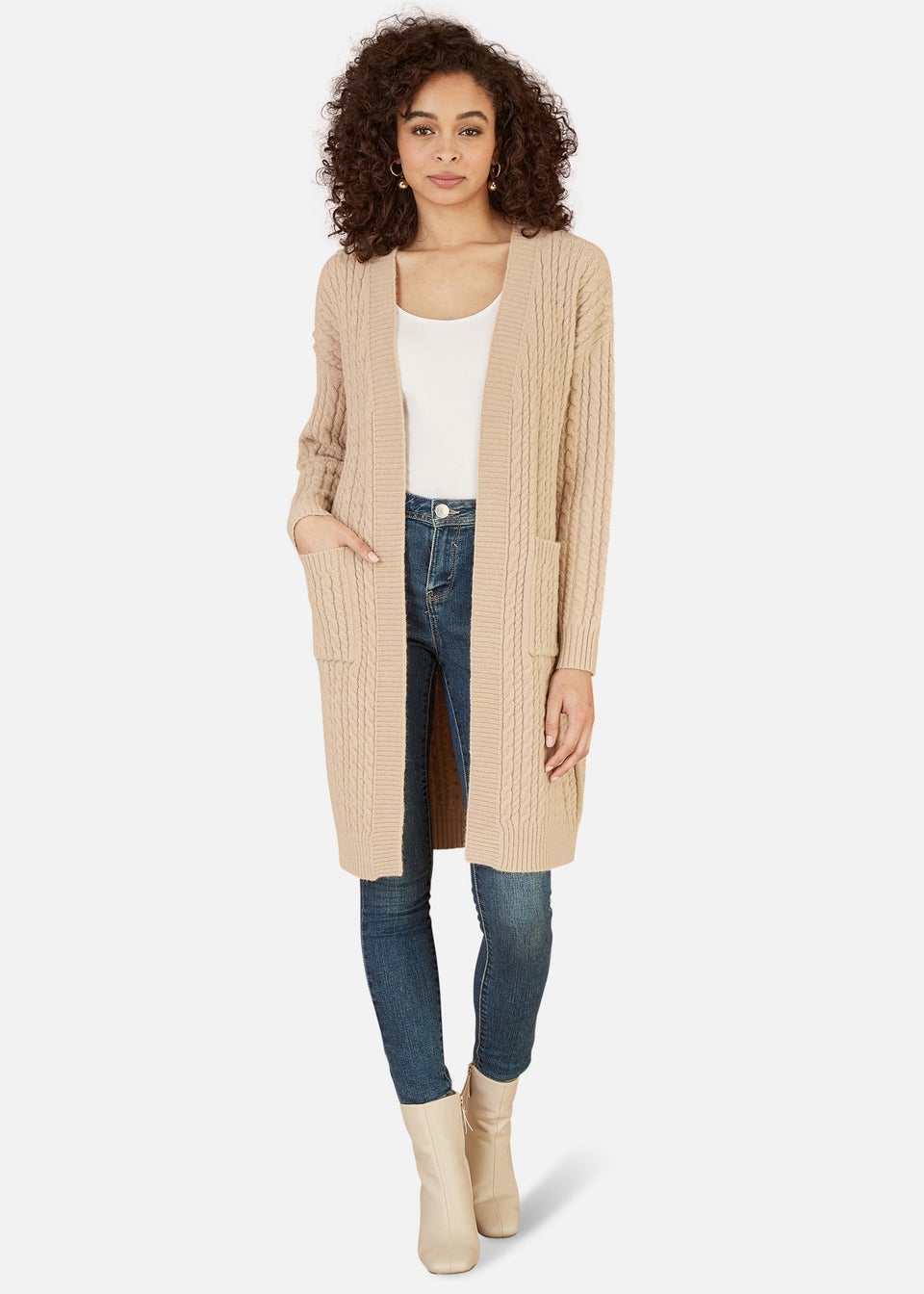 Yumi Beige Cable Knit Edge to Edge Long Cardigan With Pockets Matalan