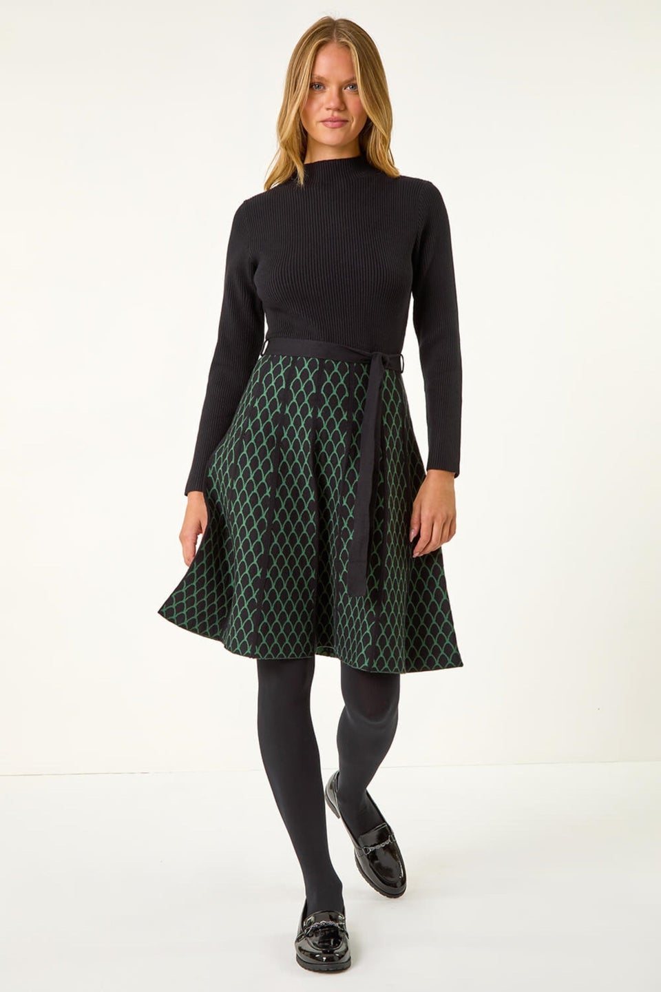 Roman Forest Green Contrast Skirt Knit Jacquard Dress