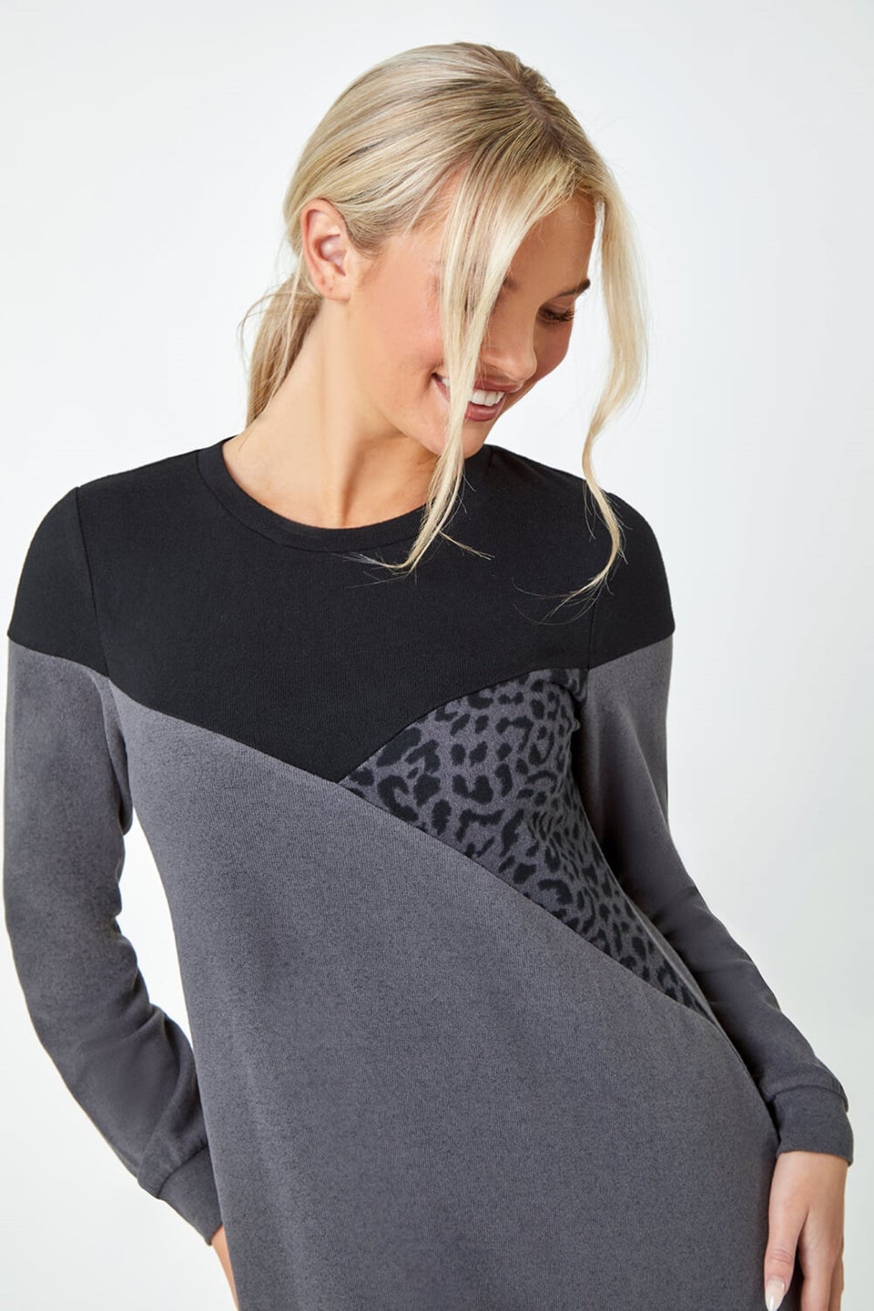 Roman Dark Grey Petite Stretch Animal Colour Block Knit Dress